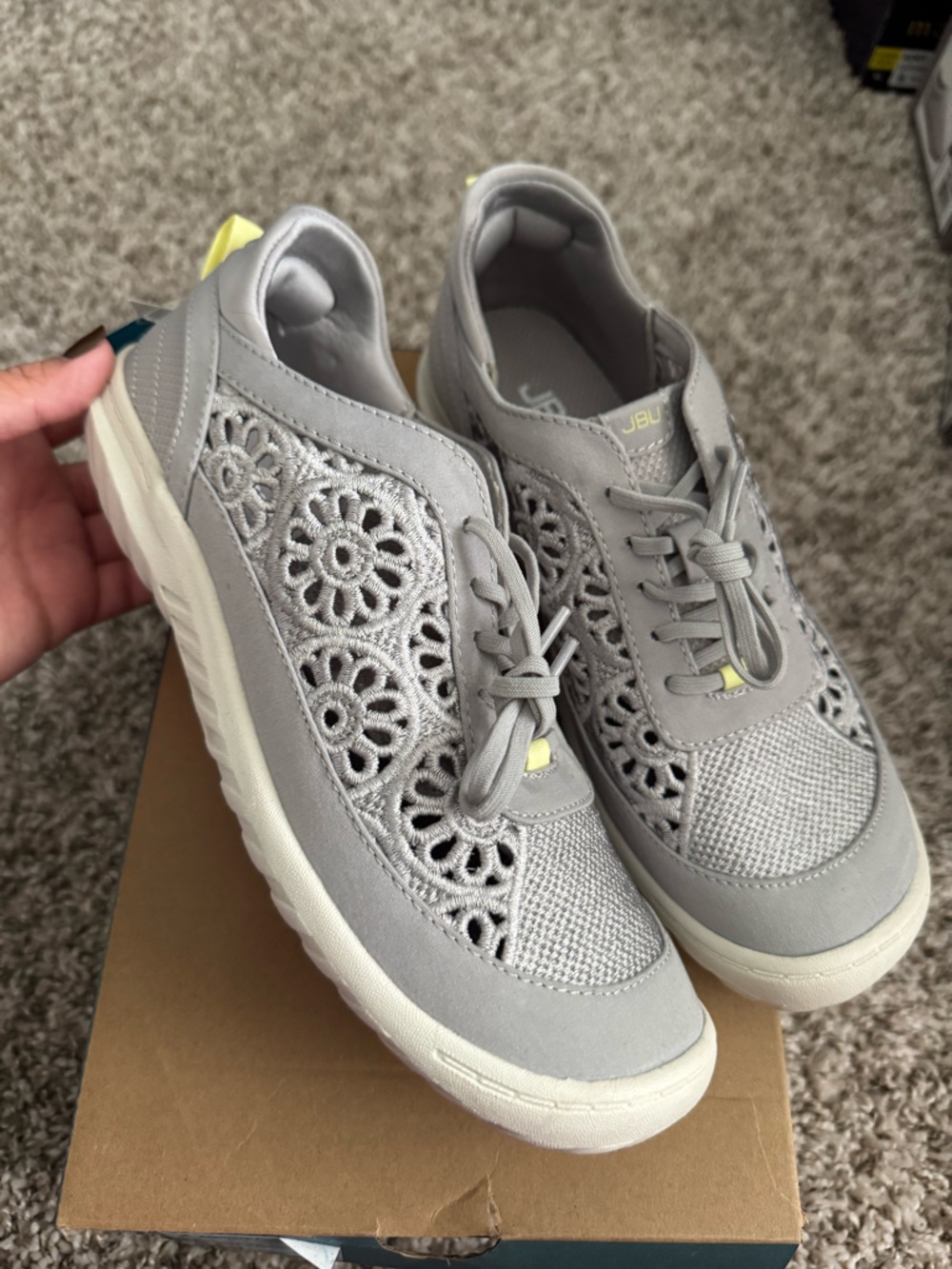 JBU Women's Light Gray Crochet Lace Sneakers with Yellow Tab - Picture 3 of 3